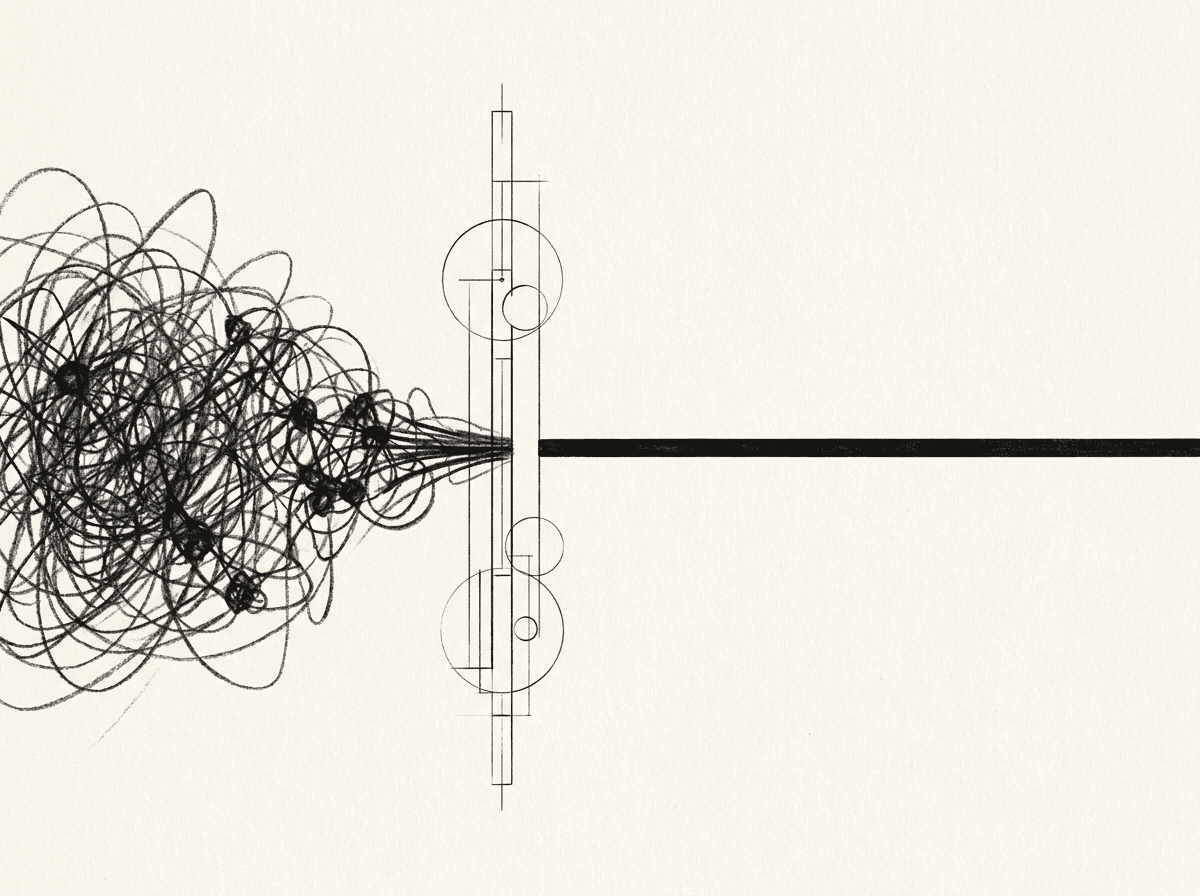Hand-drawn illustration of chaotic scribbled lines transforming through a geometric filter into a single straight line, representing clarity from complexity.