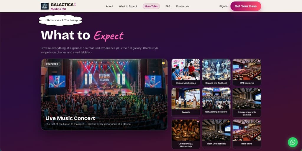 Galactica What to Expect section with featured live music concert and event category grid
