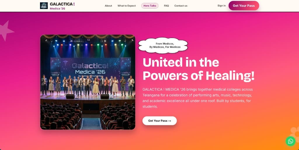 Galactica Medica '26 marketing homepage with hero section and Get Your Pass call to action