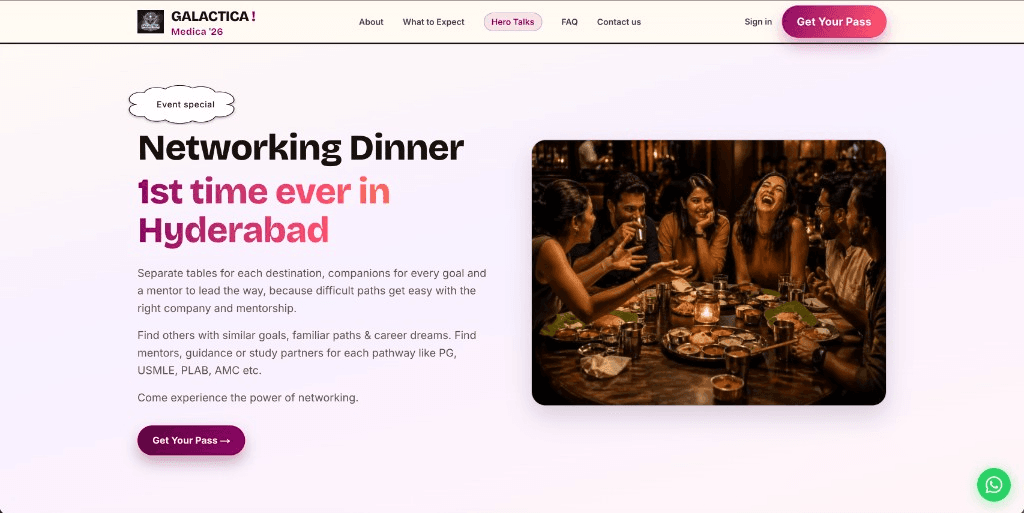 Galactica Networking Dinner feature section promoting Medgala, a networking event within the Galactica festival