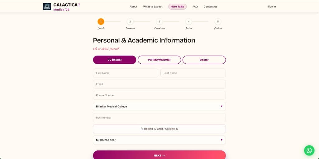 Galactica registration wizard step one collecting personal and academic information