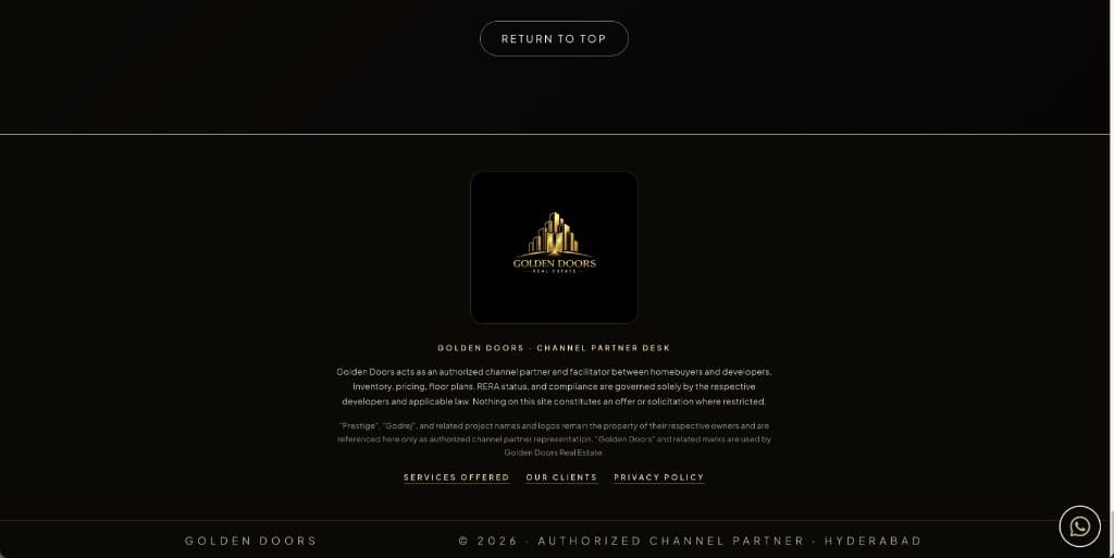 Golden Doors channel partner footer with authorized partner disclosure, project routing links, and lead contact affordances
