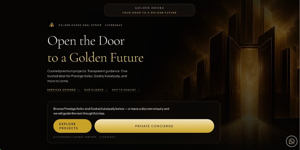 Golden Doors Real Estate broker homepage hero introducing curated premium projects including Prestige Kollur and Godrej Kukatpally