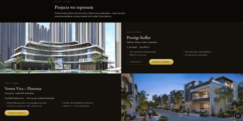 Golden Doors portfolio section listing Prestige Kollur and Vertex Viva with independent project cards and express interest actions