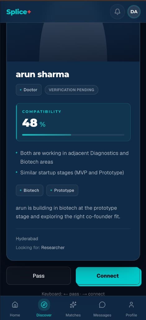 Splice+ Discover screen showing founder compatibility score, match reasoning, and Pass or Connect actions