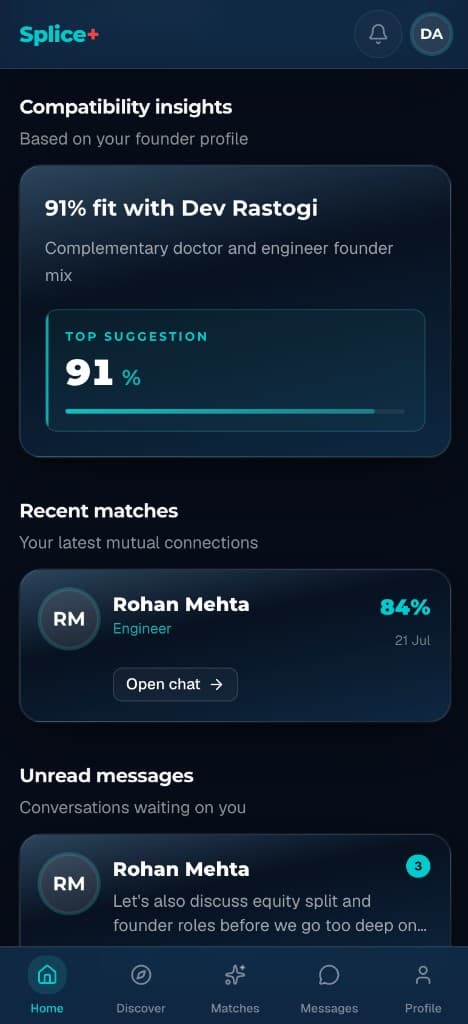 Splice+ mobile home dashboard with compatibility insights, recent matches, and unread messages