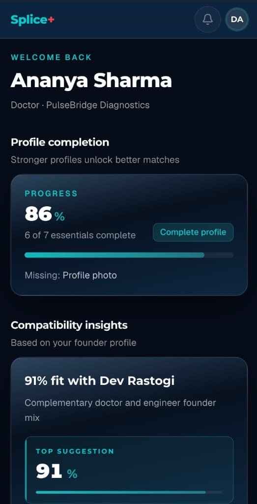 Splice+ home screen showing profile completion progress and founder role context