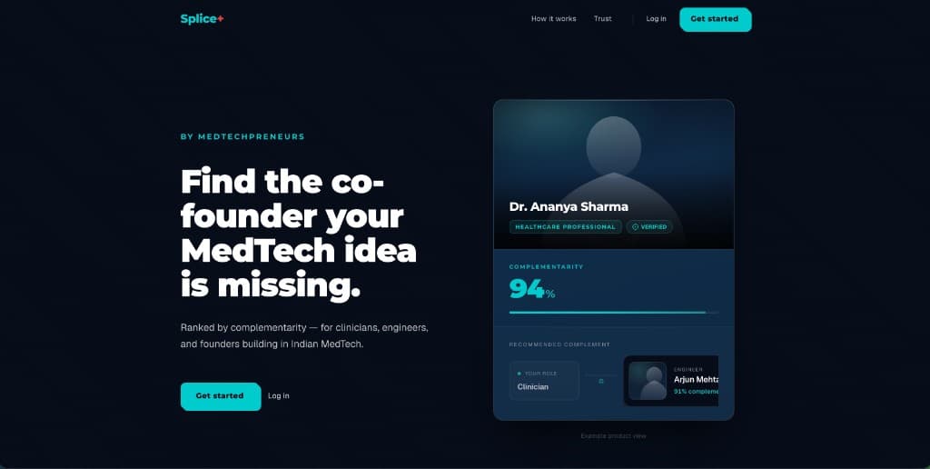 Splice+ landing page hero introducing MedTech co-founder discovery ranked by complementarity