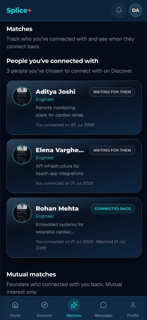 Splice+ Matches screen tracking connection requests and mutual matches between founders