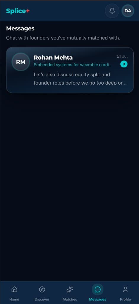 Splice+ Messages screen showing a conversation between mutually matched founders