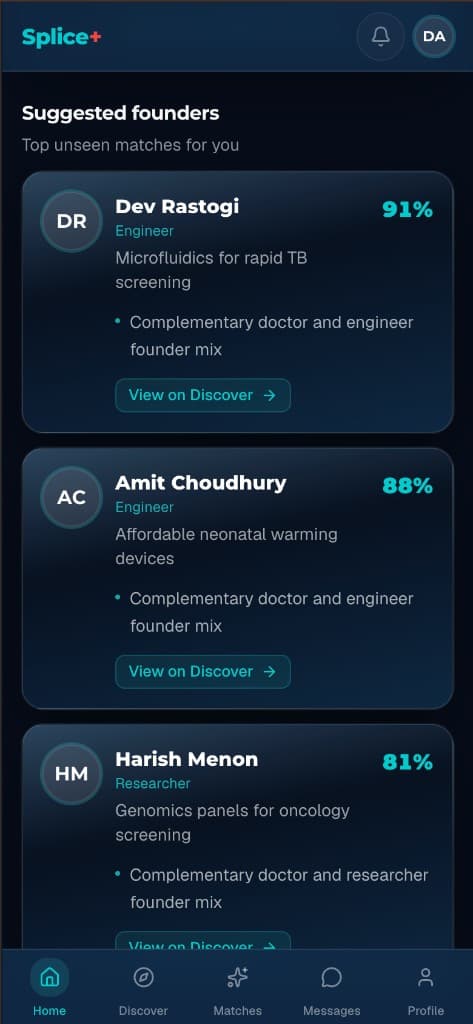 Splice+ home screen showing suggested founders with match scores and complementary role explanations